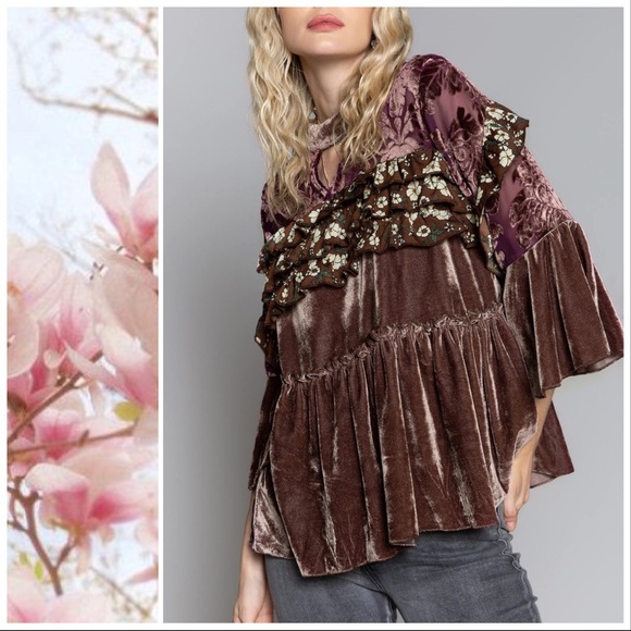 Cocoa Velvet & Bell Sleeves Ruffle Top - Picture 6 of 9